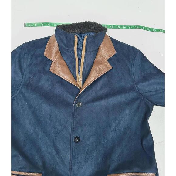Manly Men's Blue Suede Faux Leather Blazer Polyester Lining Double Button Medium - Picture 8 of 11
